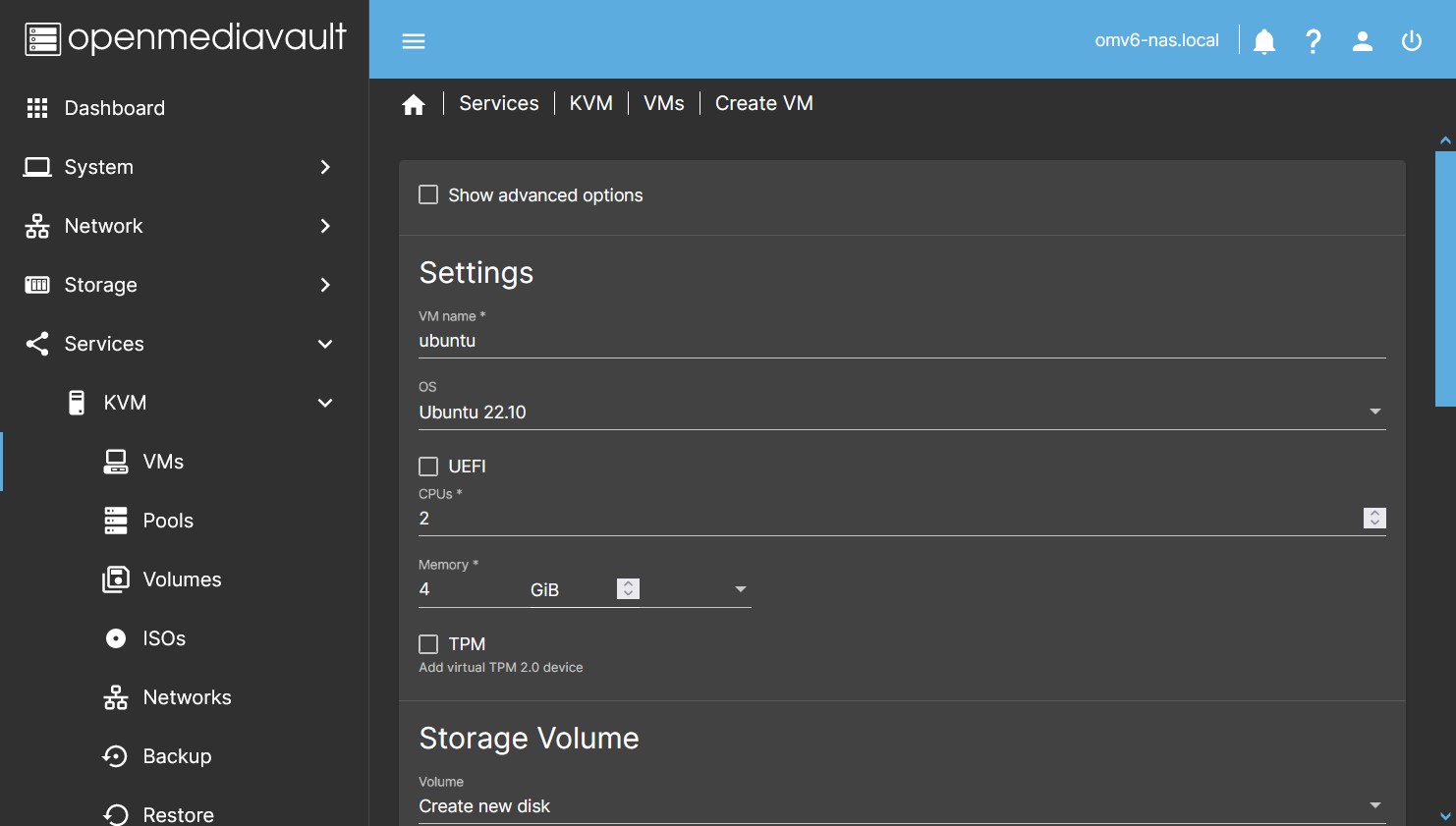 Services > KVM > VMs > Create VM